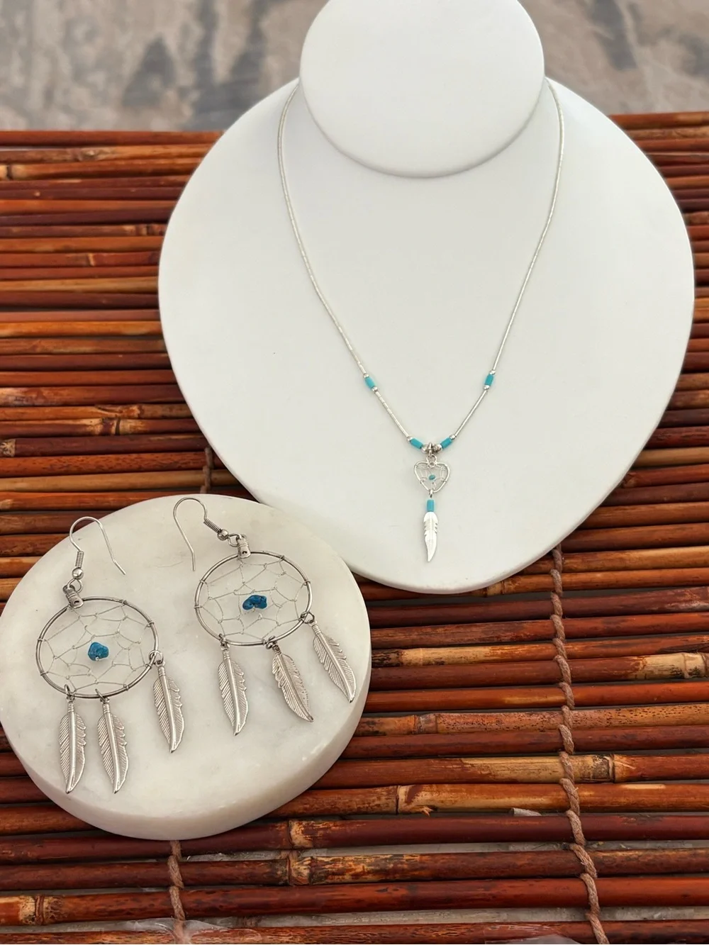 Silver Tone Dreamcatcher Necklace 16” & Earring Set with Faux Turquoise Accents